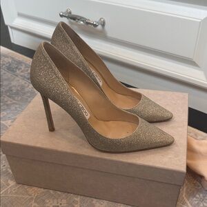 Jimmy Choo Gold Glitter Pointed Toe Stiletto Pumps